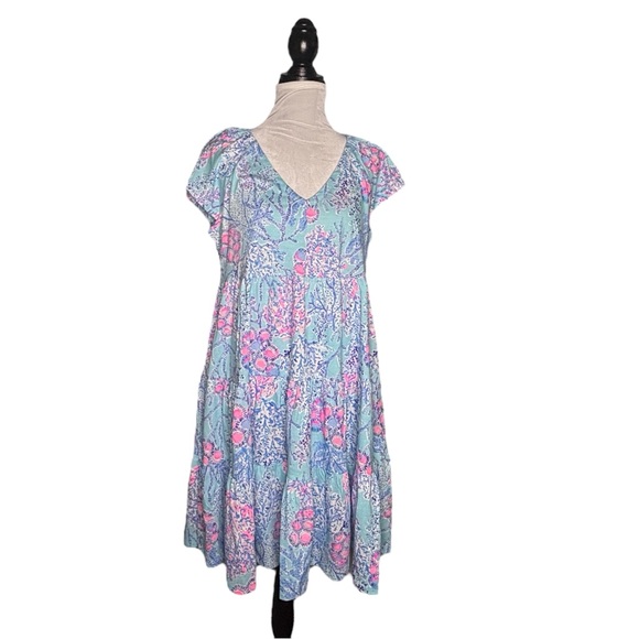 Lilly Pulitzer Kawai Flutter Sleeve Dress Blue Ibiza Now You Sea Me Size Large - Picture 1 of 8